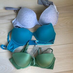 aerie Three-Pack Padded Bras in Gray, Teal & Green - 2 Paige and 1 Ella